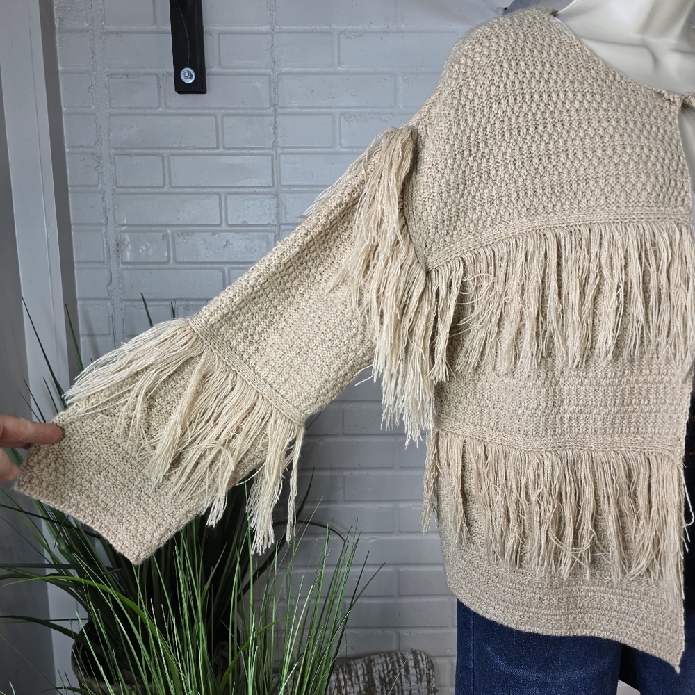 En Creme Fringe Detail Beige Sweater Cardigan Medium - Picture 7 of 10